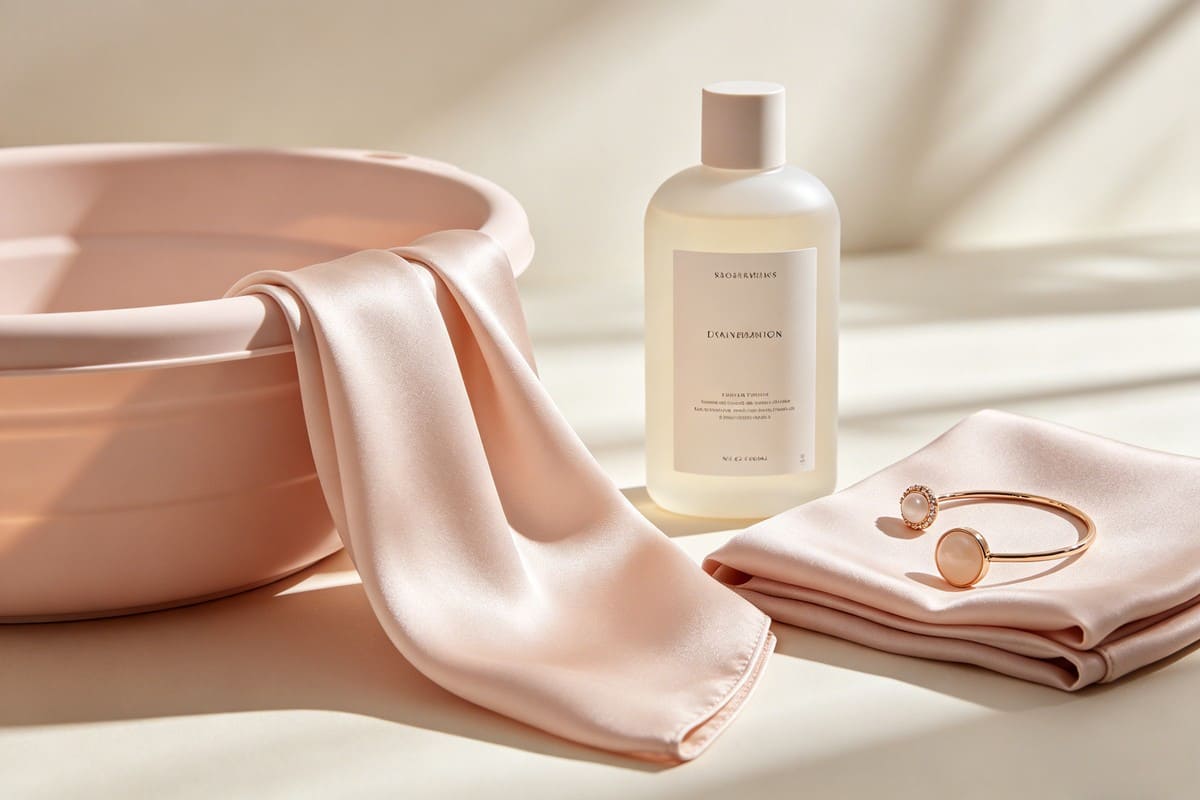 An elegant lifestyle shot featuring multiple silk scarves and accessories, implying a care ritual.