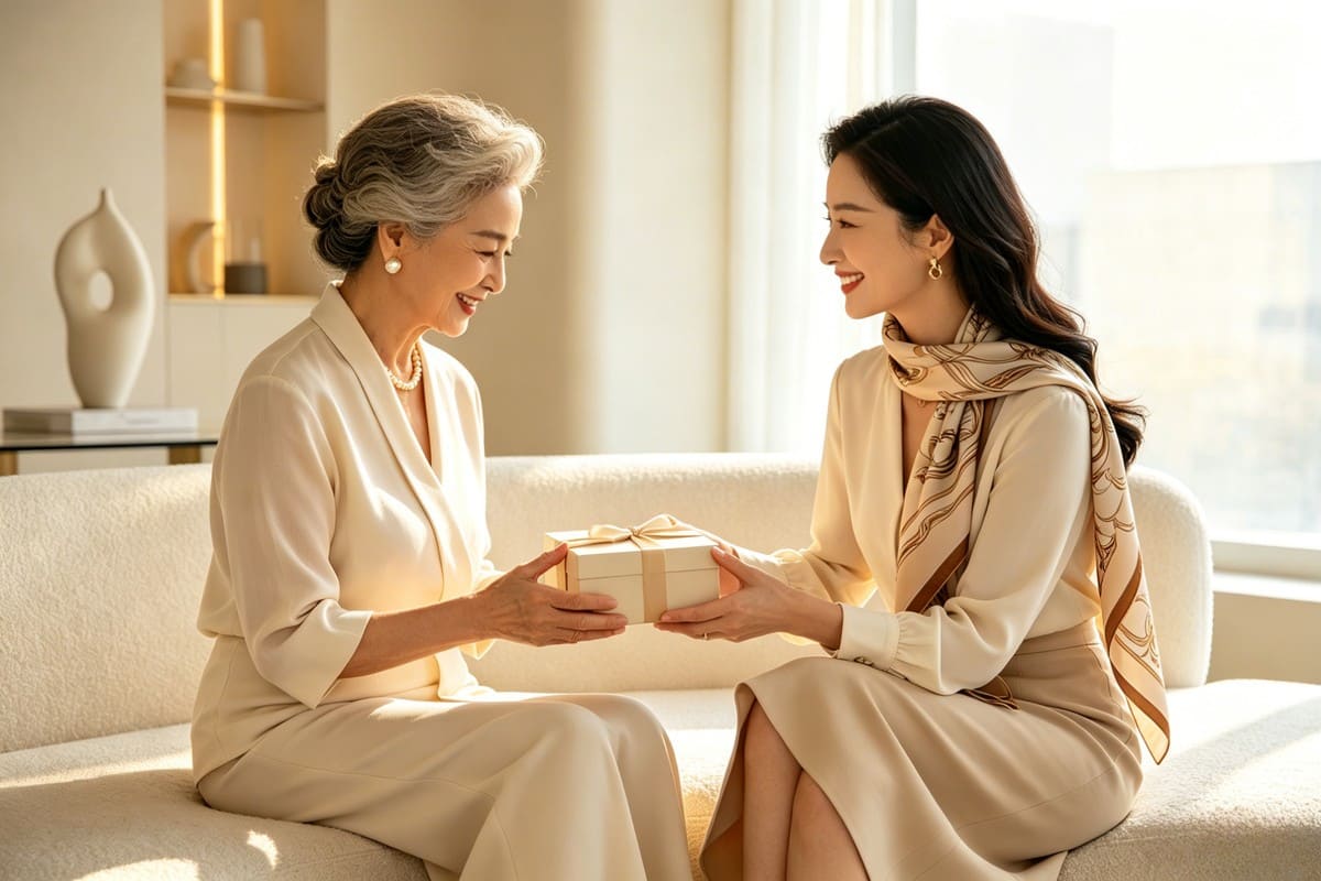 Elegant daughter gifting luxury silk scarf to her mother in a bright modern interior