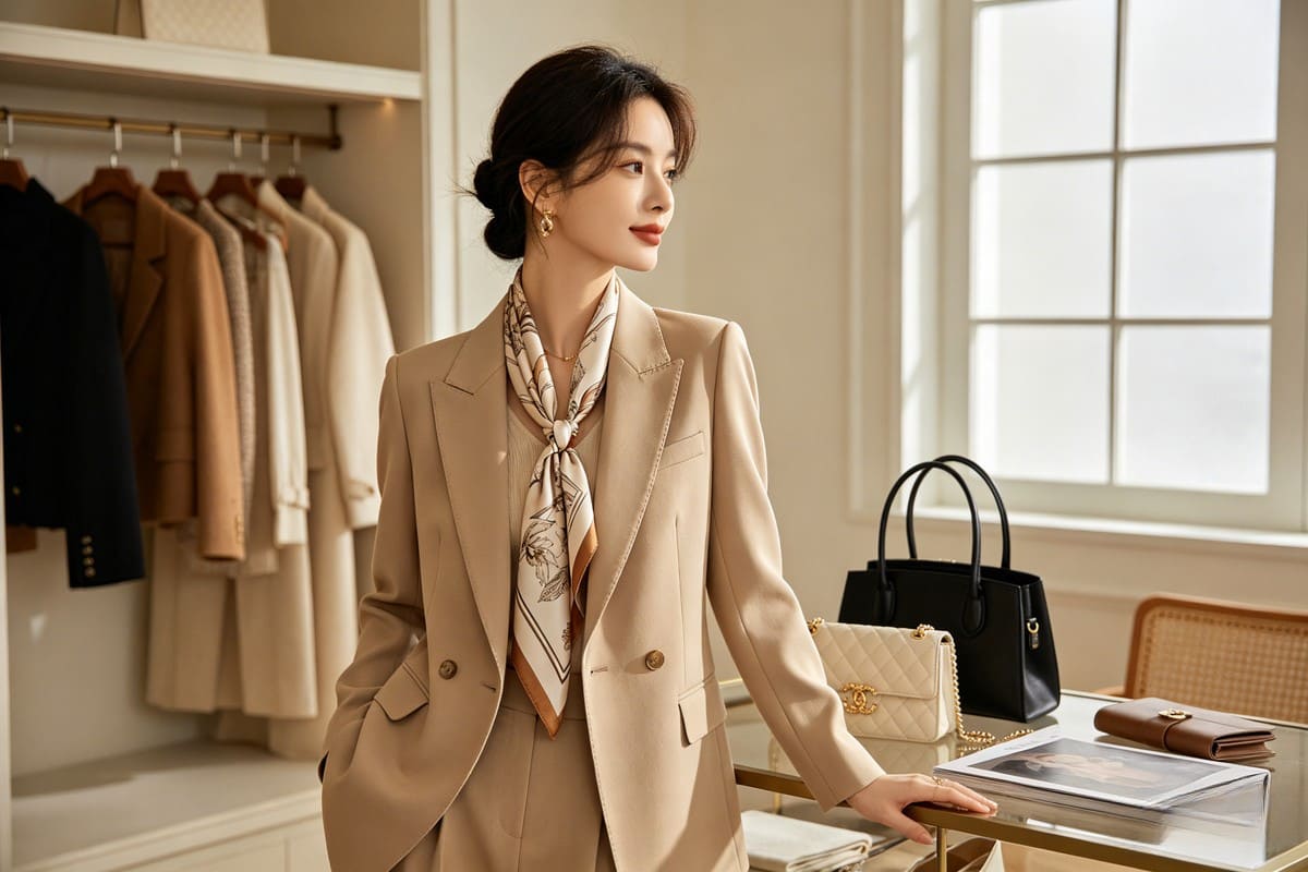 Elegant woman styling luxury silk scarf with timeless wardrobe essentials