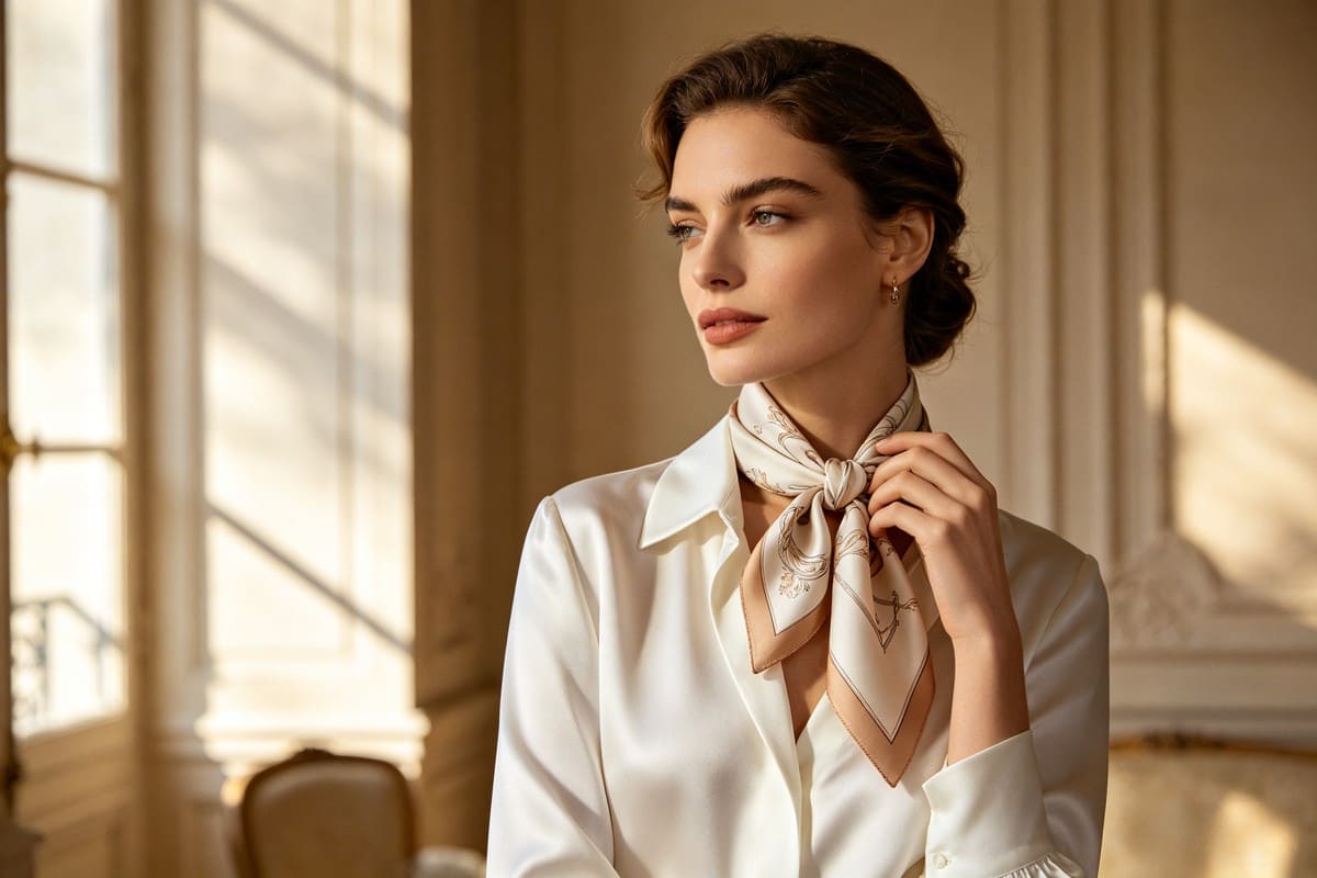 Elegant woman tying a luxury silk scarf around her neck