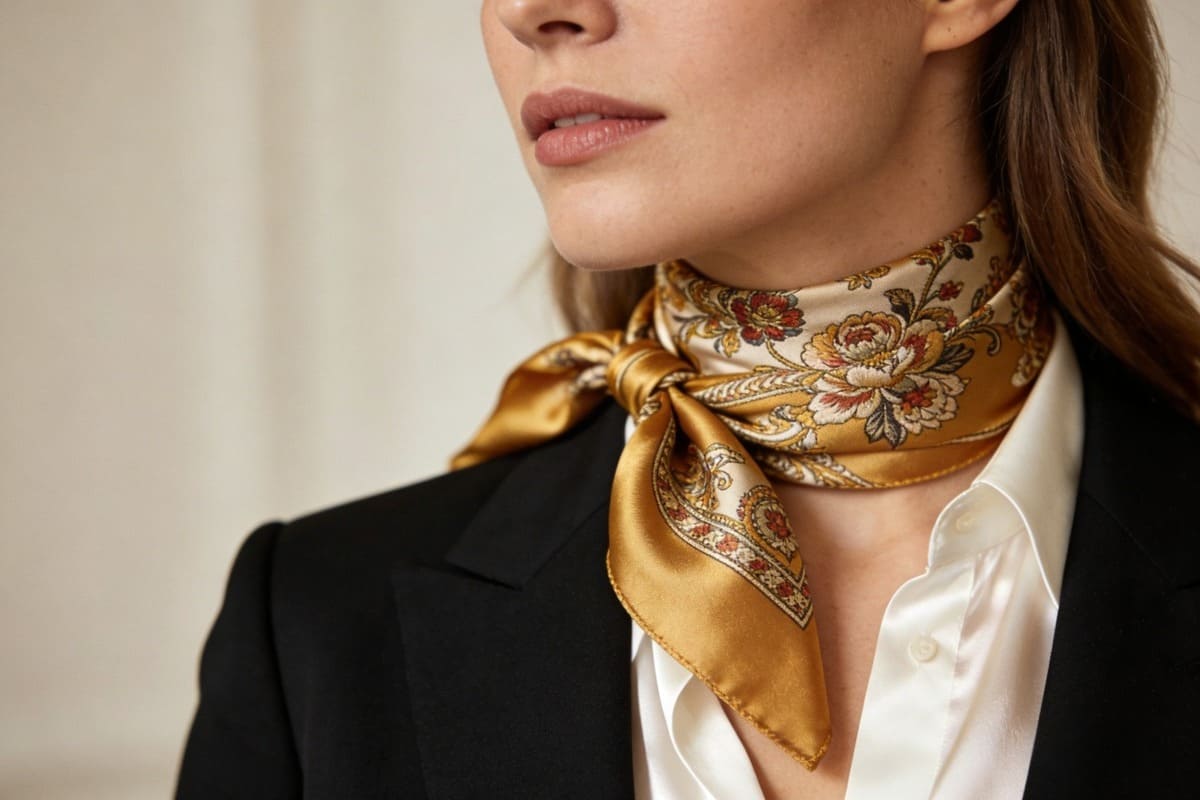 Elegant woman wearing a luxury silk scarf styled around the neck