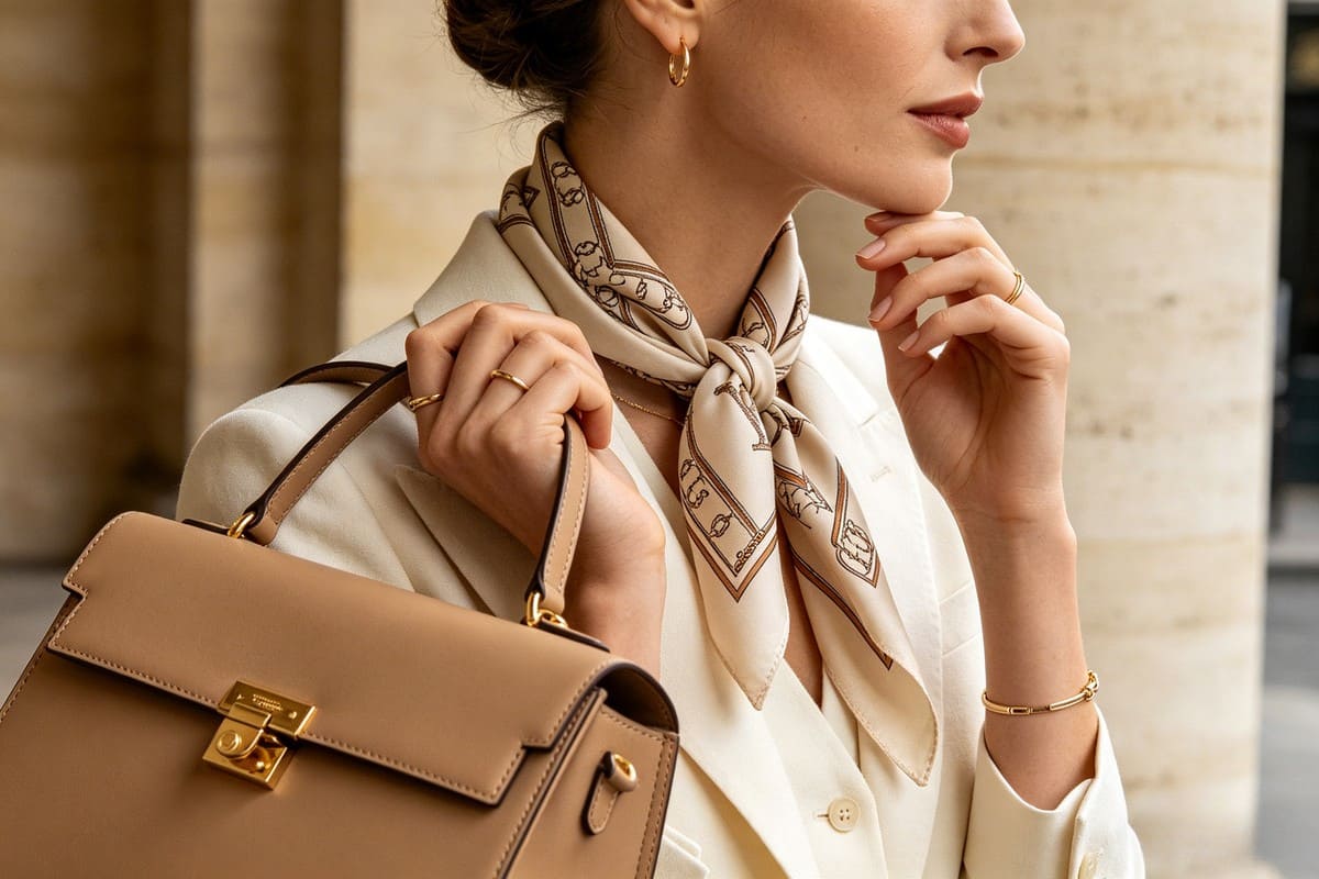 Elegant woman wearing a luxury silk scarf with timeless fashion accessories for effortless everyday style