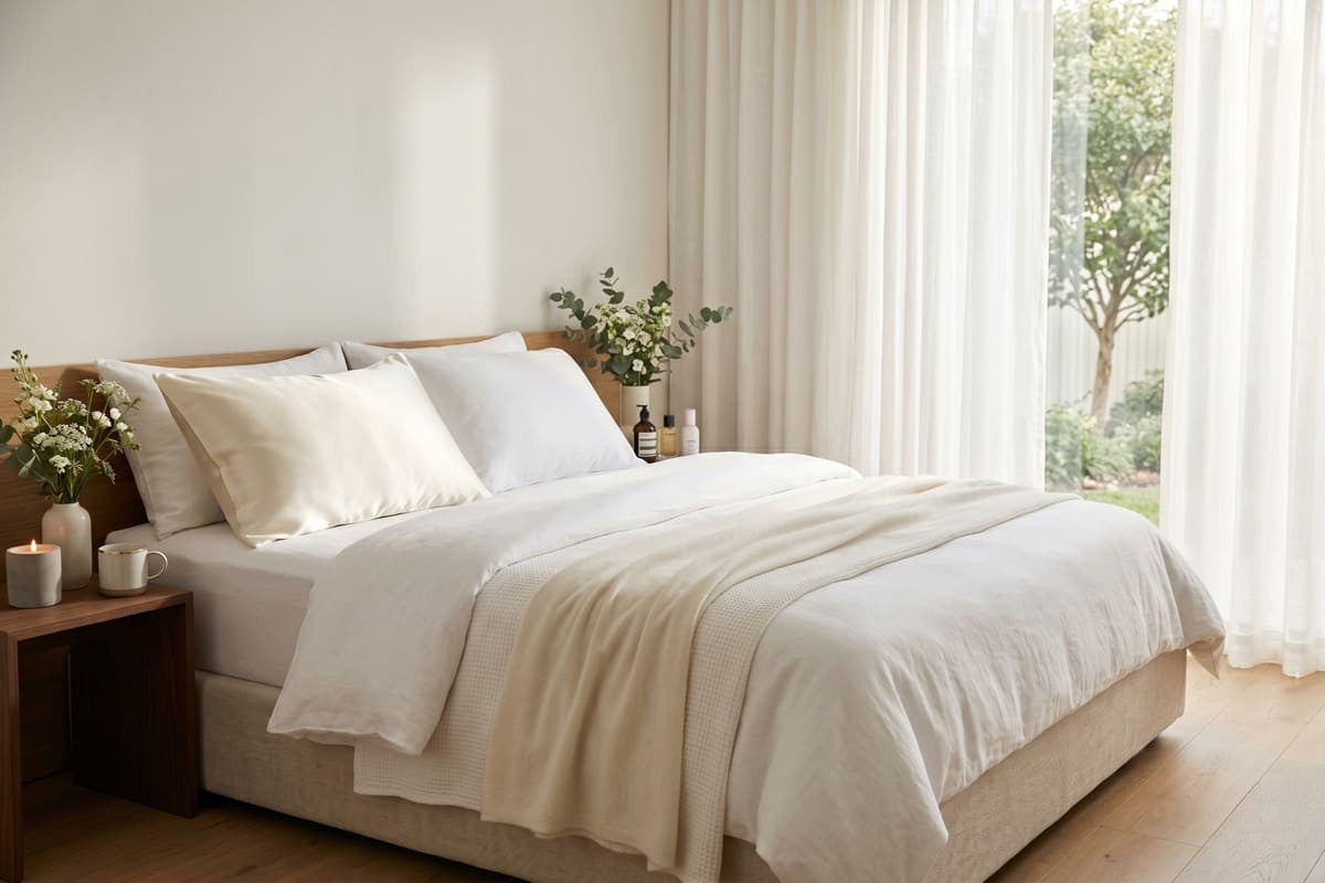 Luxury bedroom with silk pillowcase and soft morning light for better sleep guide