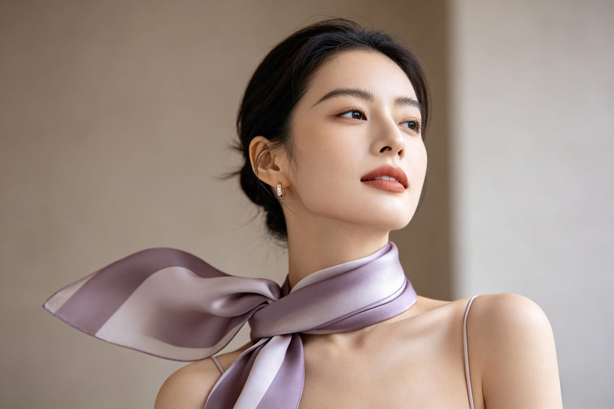 Luxury mulberry silk scarf worn by elegant woman in soft natural light