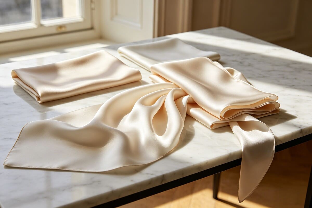 Luxury silk fabric and elegant silk scarves styled in soft natural light
