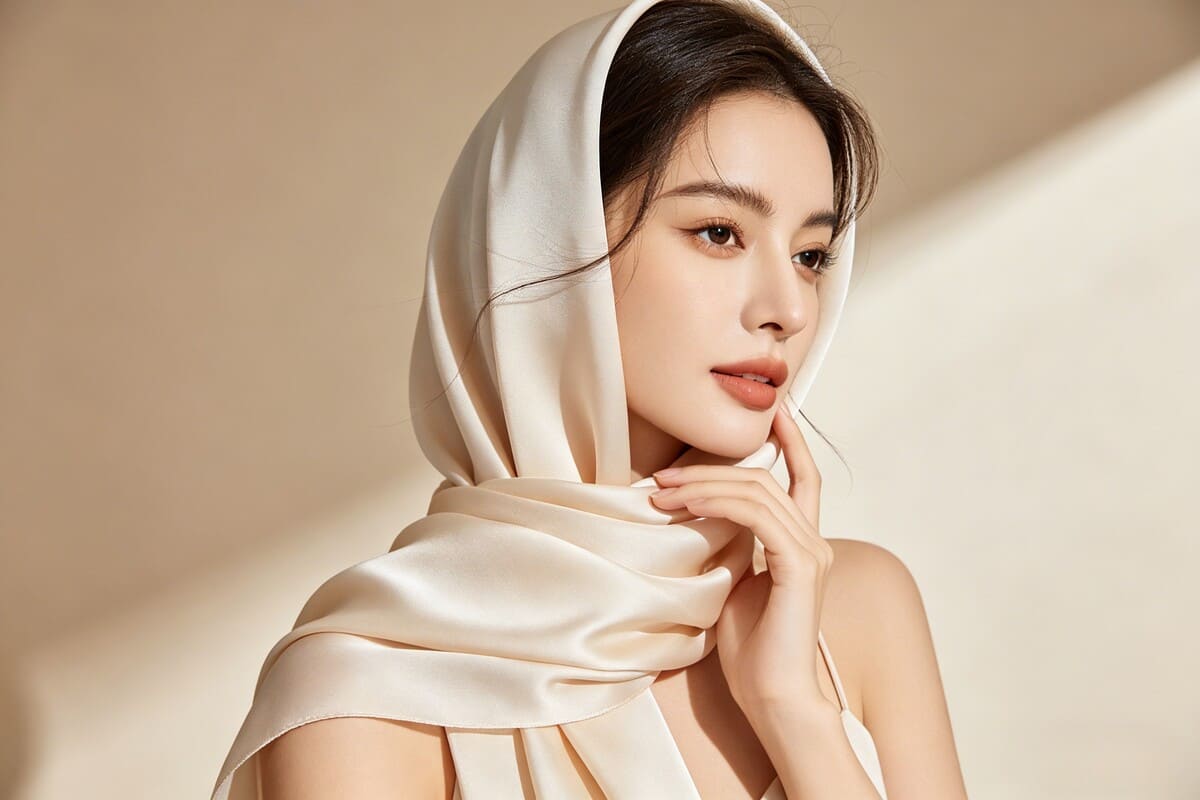 Luxury silk scarf flowing elegantly on a woman in soft natural light