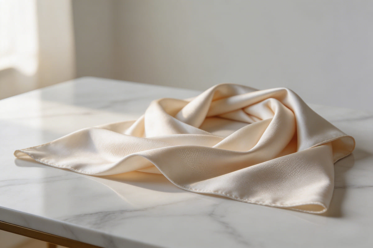 Luxury silk scarf laid on marble surface with soft natural light highlighting fabric shine and texture