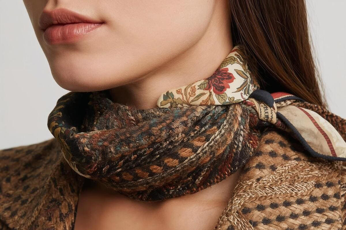 woman wearing elegant silk scarf outfit idea