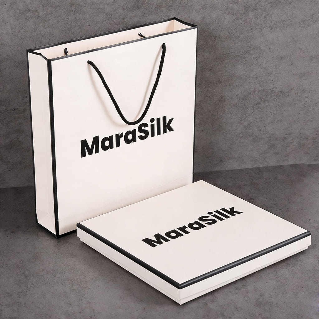 Marasilk branded paper bag and box on a gray background