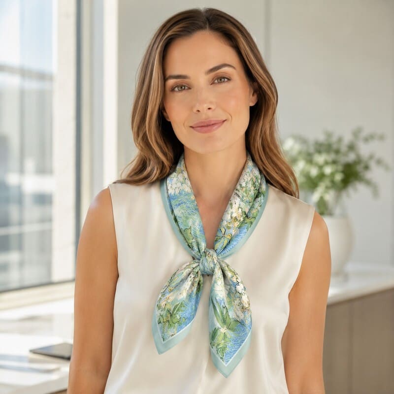 Woman wearing a floral scarf around her neck in an indoor setting
