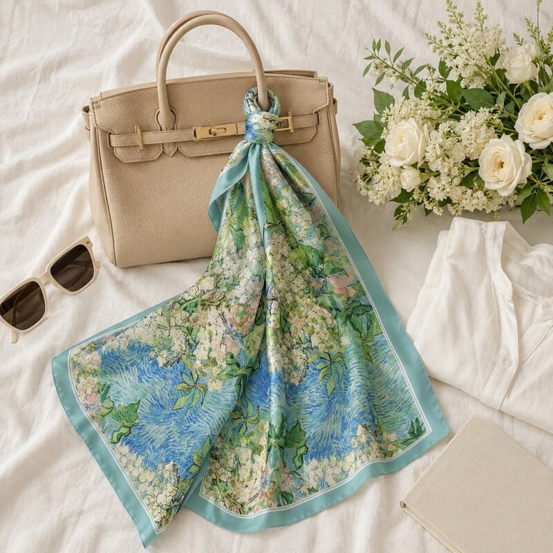 Floral scarf, beige handbag, sunglasses, and flowers on a light background