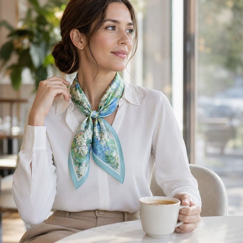 Woman sitting at a table with a cup of coffee, wearing a floral scarf.