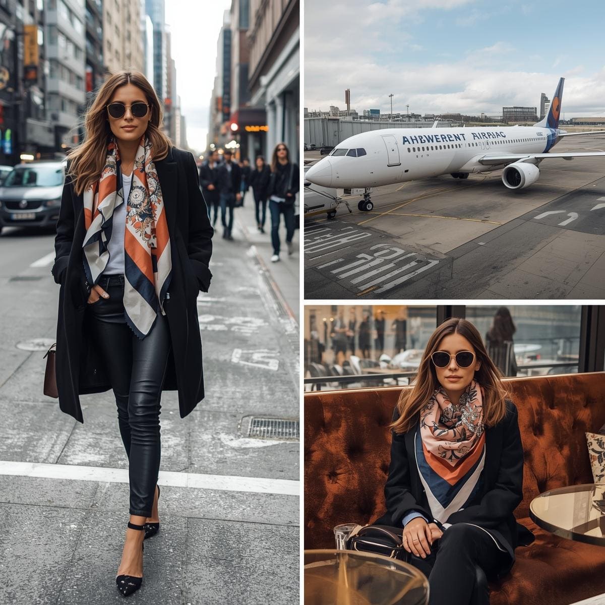 Woman in stylish outfit with scarf, airplane, and indoor scene.