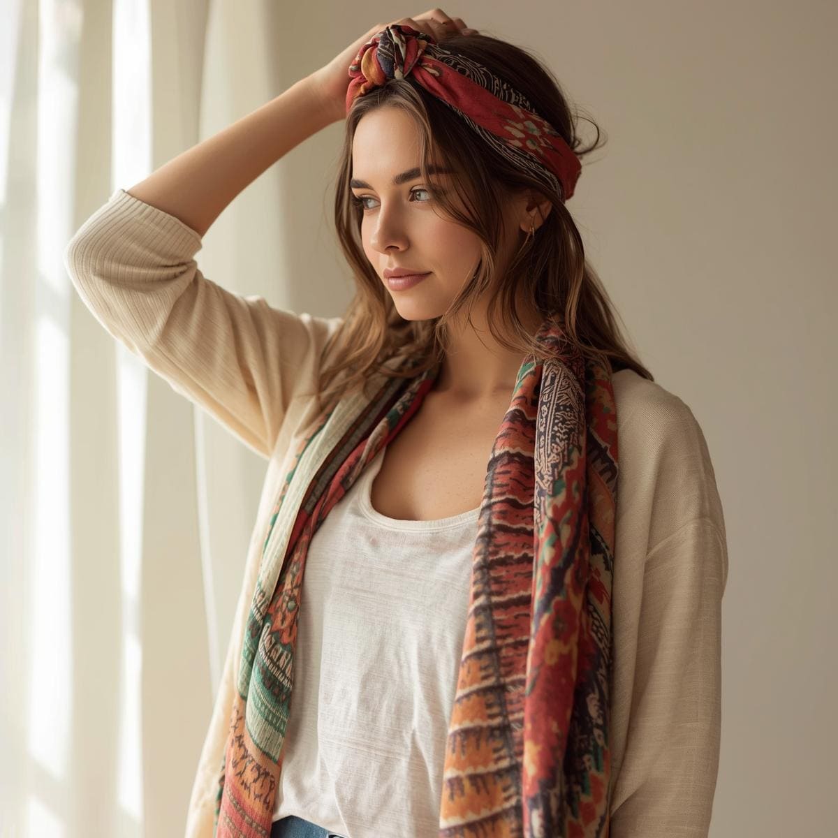 Woman wearing a colorful headscarf and scarf, standing indoors with a neutral background